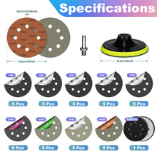 Load image into Gallery viewer, 5" (125mm) 8‑Hole Wet & Dry Sanding Disc Kit – 48 Pcs with M10 Backing Pad (400–10,000 Grit)
