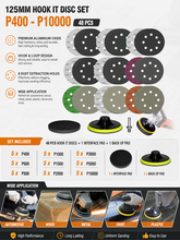 Load image into Gallery viewer, 5" (125mm) 8‑Hole Wet &amp; Dry Sanding Disc Kit – 48 Pcs with M10 Backing Pad (400–10,000 Grit)
